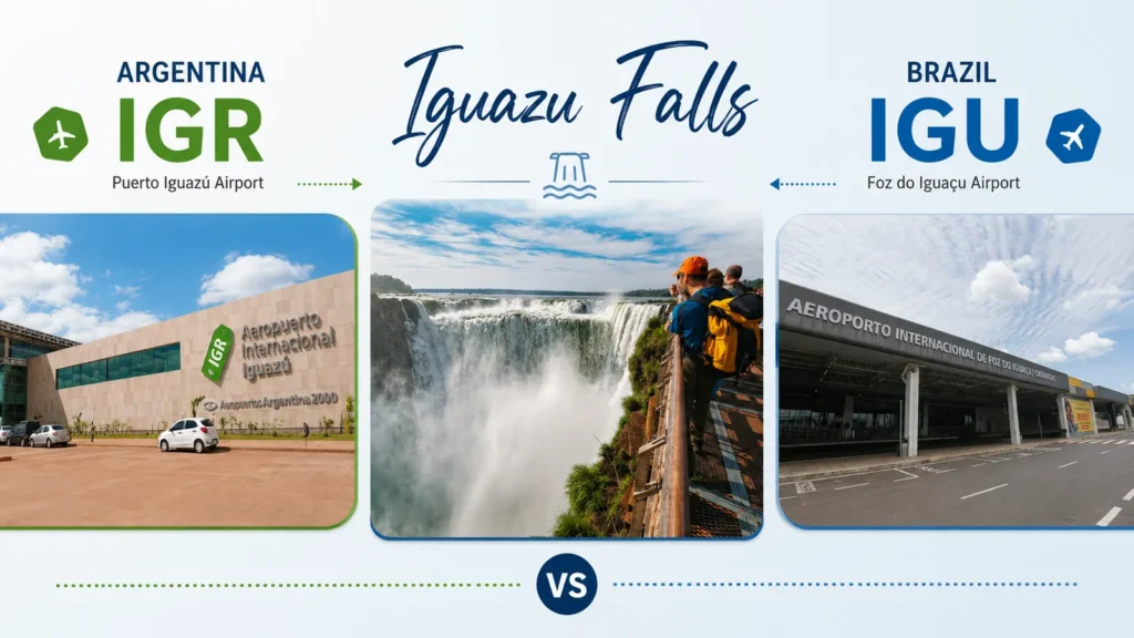 IGR and IGU airports for Iguazu Falls, showing Puerto Iguazú Airport in Argentina and Foz do Iguaçu Airport in Brazil
